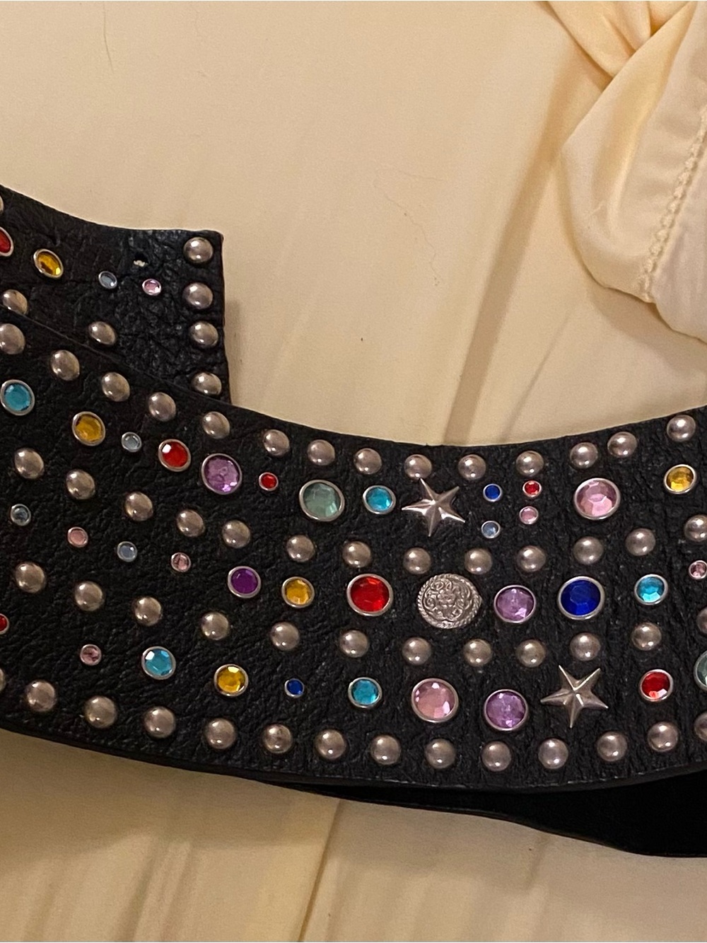Vntg 80s Michael Morrison Rare Studded & Rhinestoned Wide Black Leather Belt OBO
